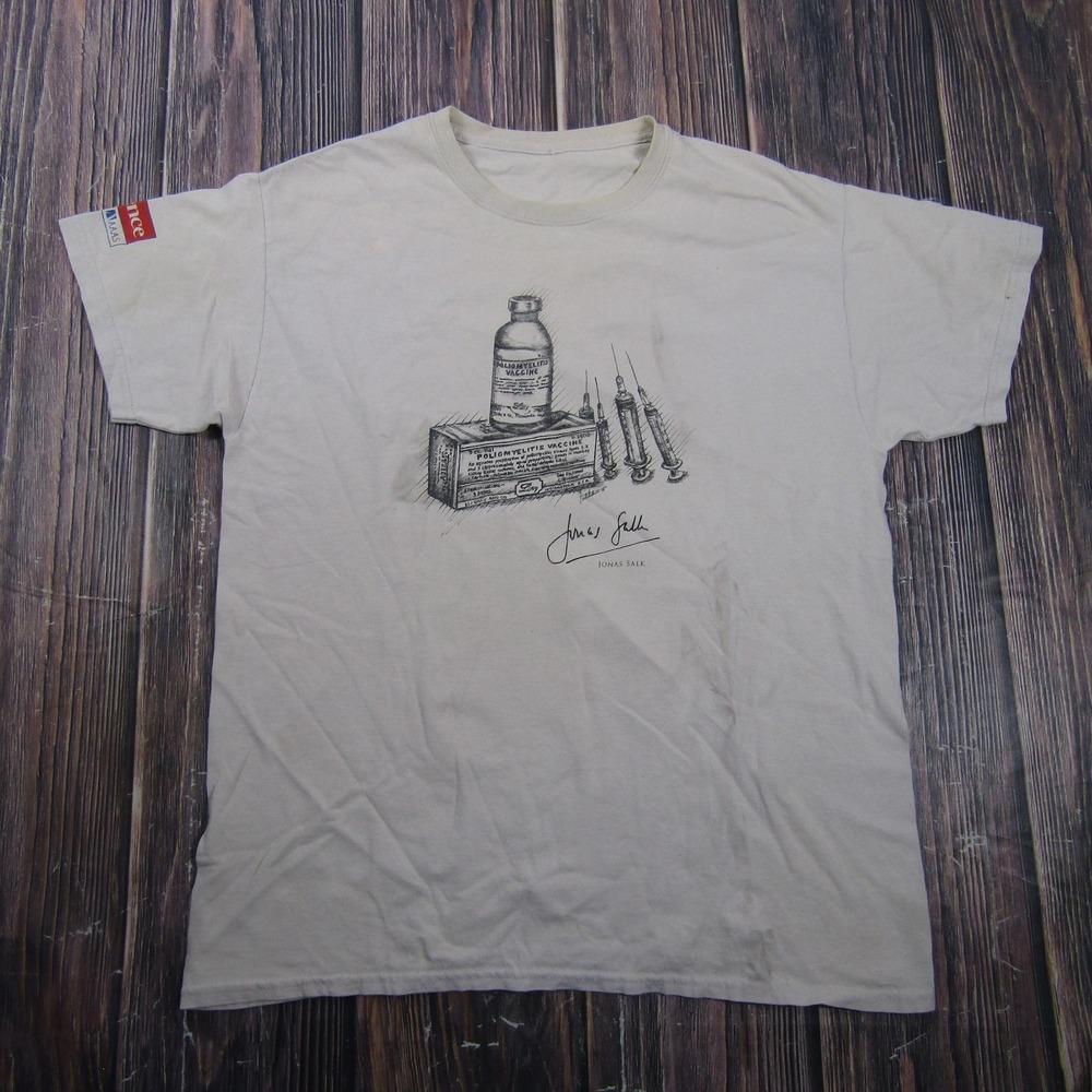 Science Shirt Mens L Beige Graphic Jonas Salk Vaccine Logo Tagless Tee